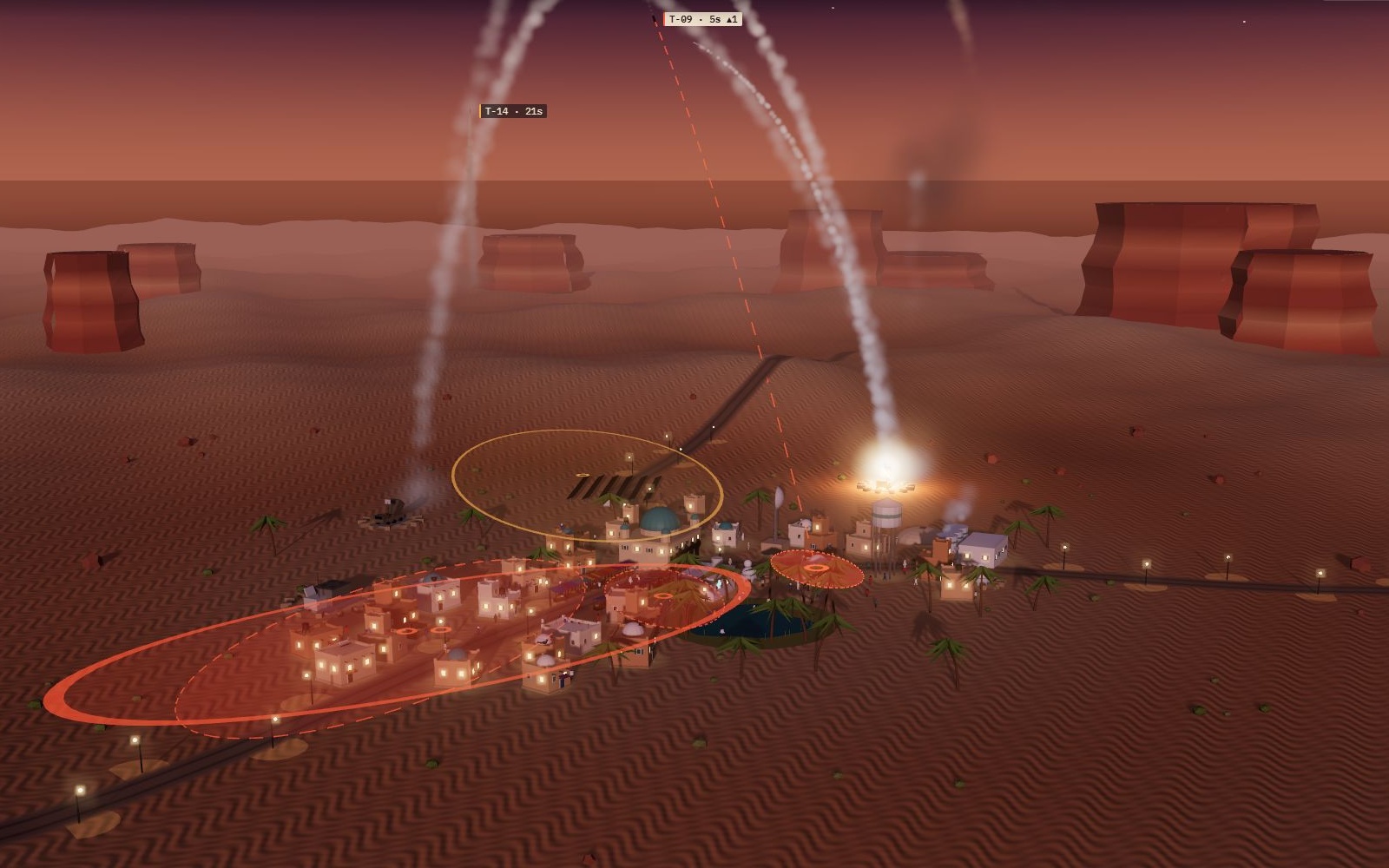 Oasis Command gameplay with incoming missile trails and an interceptor launching above the oasis city